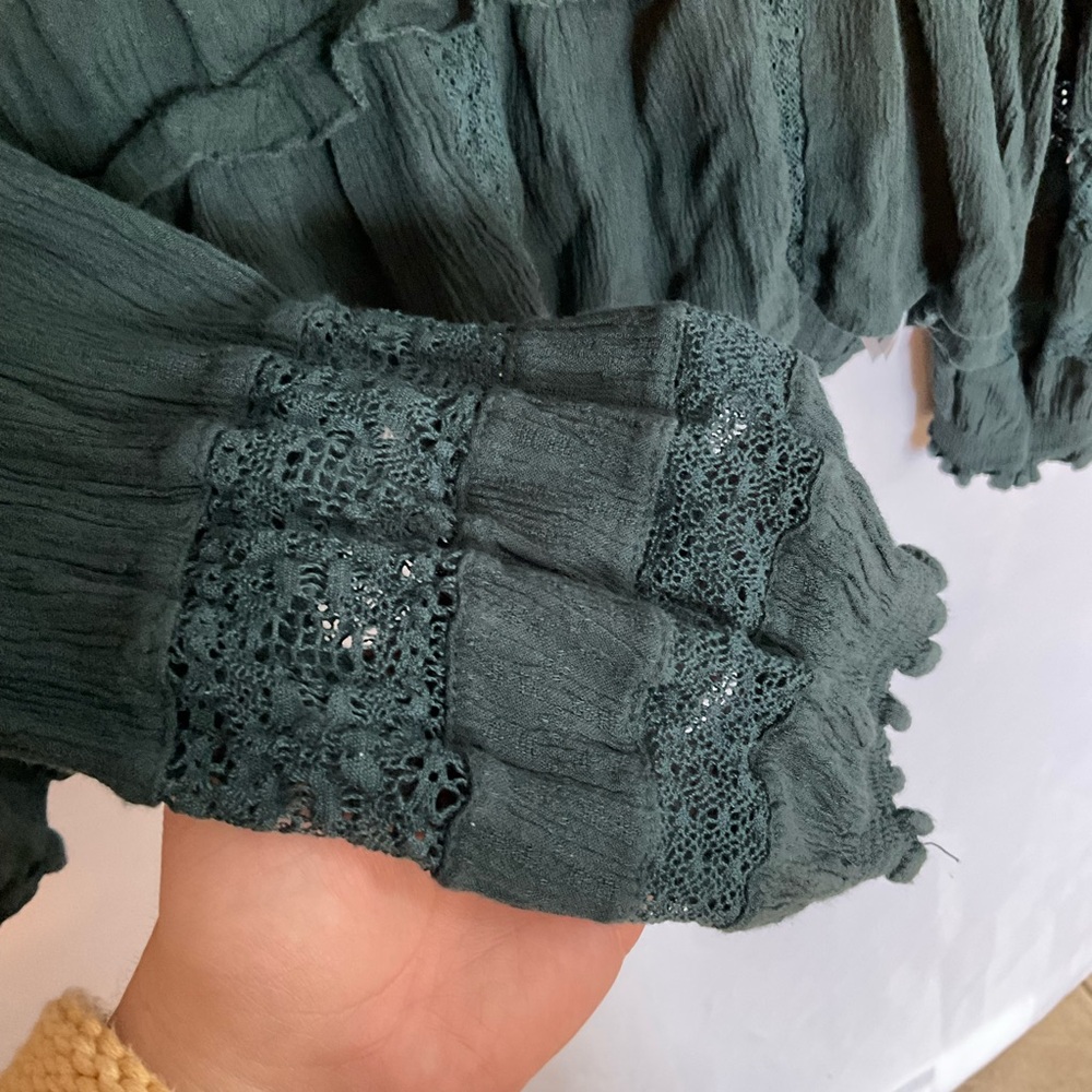 American Eagle Smocked V-neck Button Front Top Forest Green Boho XL - Picture 5 of 7